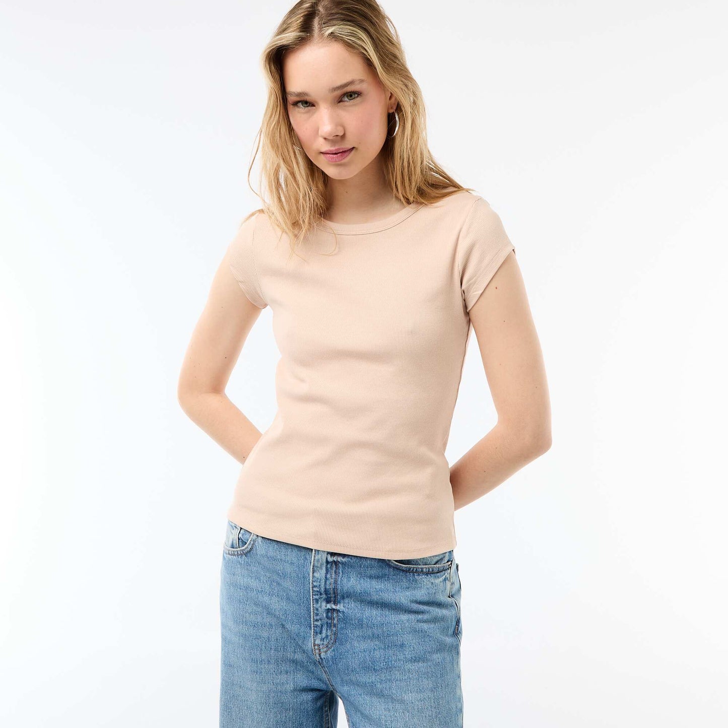 Ribbed Short-Sleeve Jersey T-Shirt BEIGE
