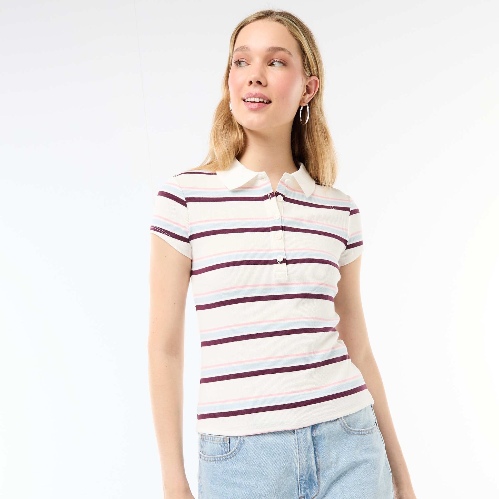 Ribbed Knit Short-Sleeve Polo Shirt WHITE