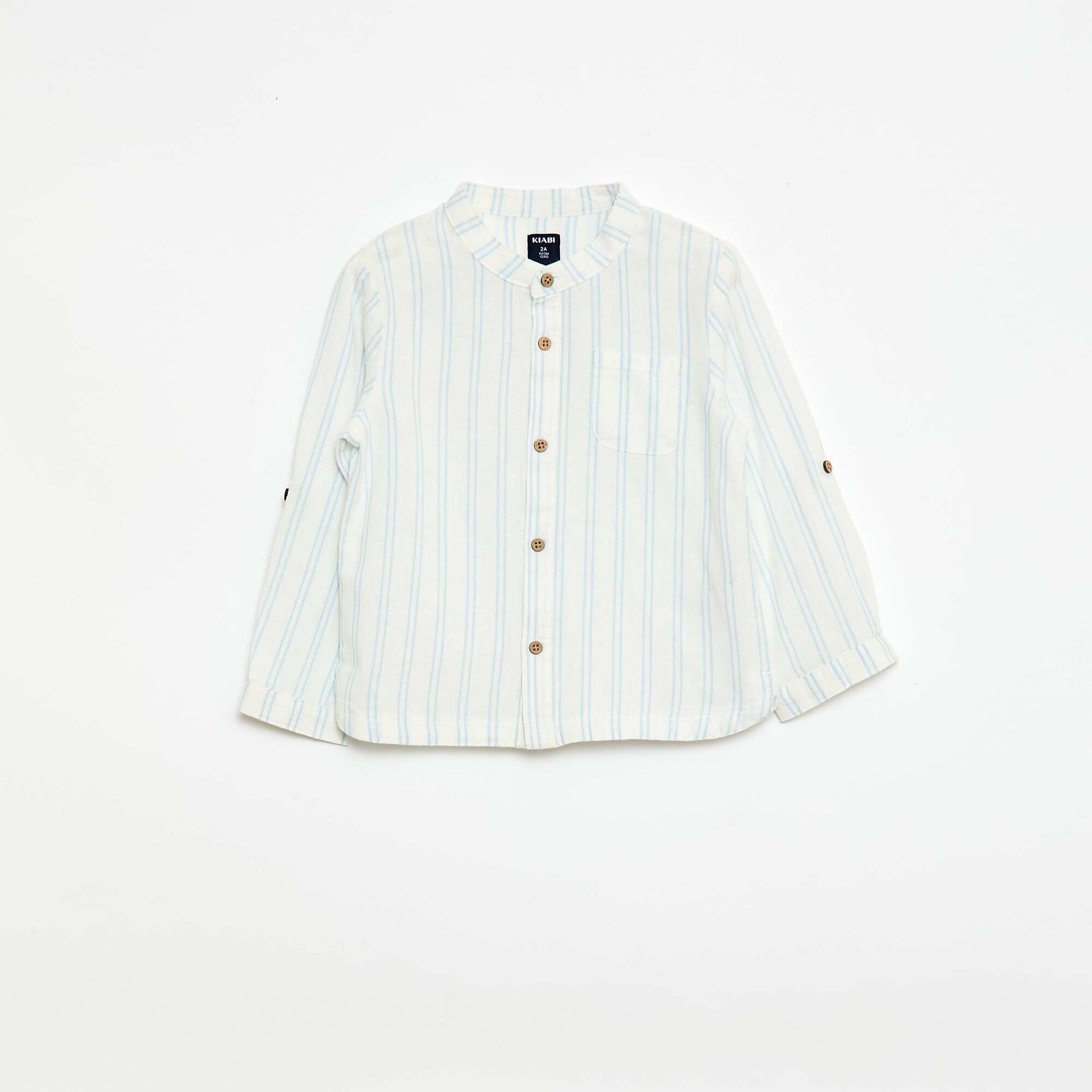 Mandarin Collar Shirt with Roll-Up Sleeves WHITE