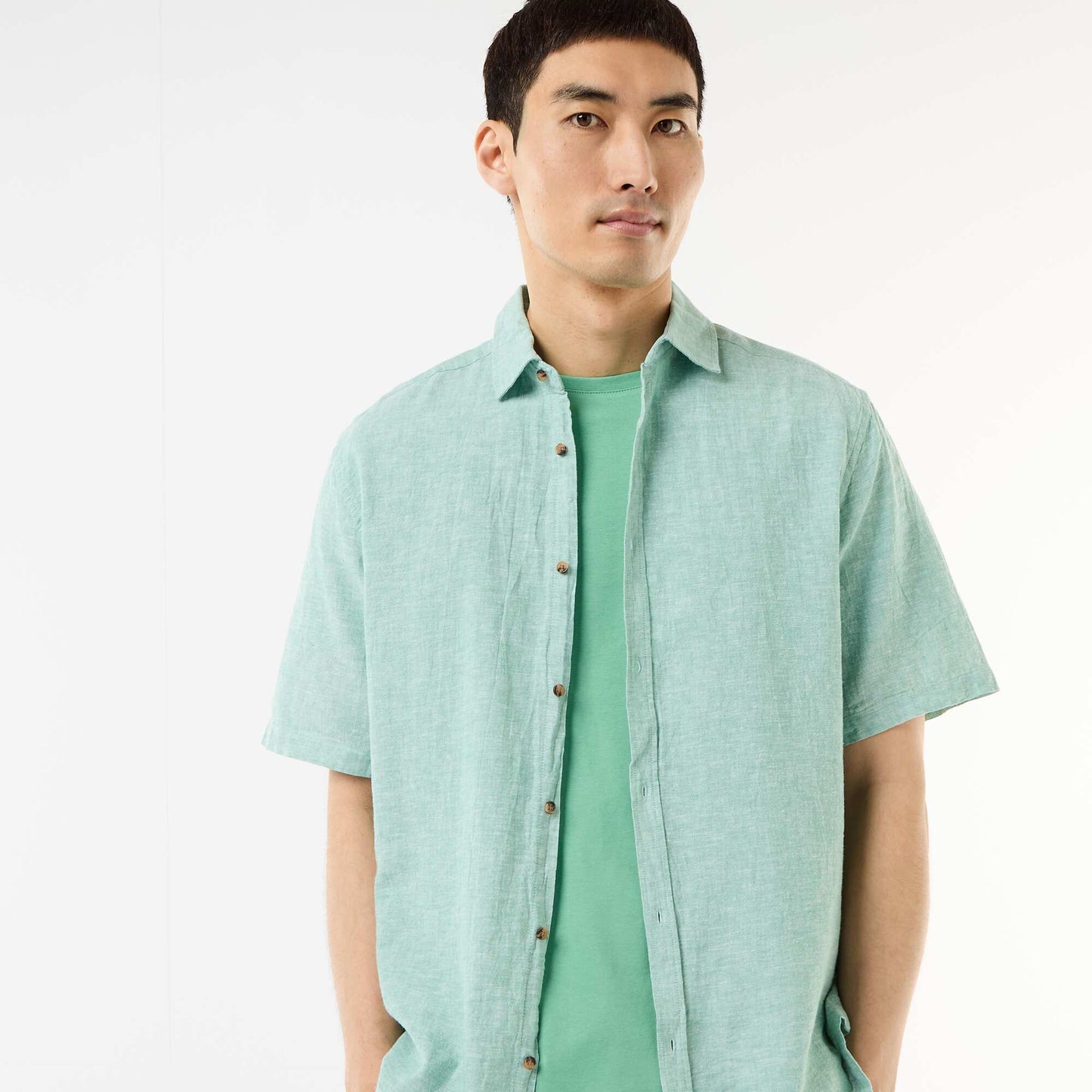 Short-Sleeved Linen-Blend Shirt GREEN