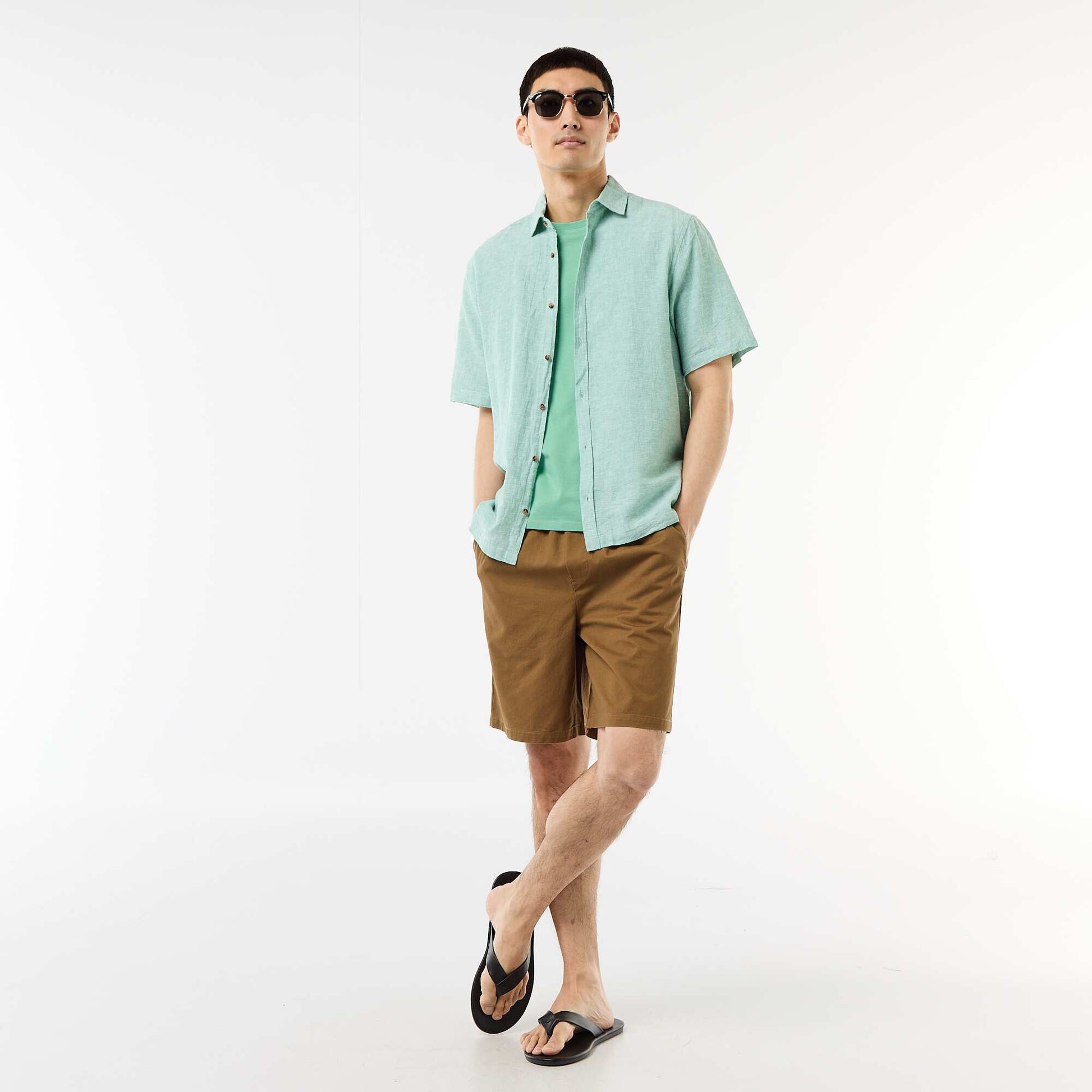Short-Sleeved Linen-Blend Shirt GREEN