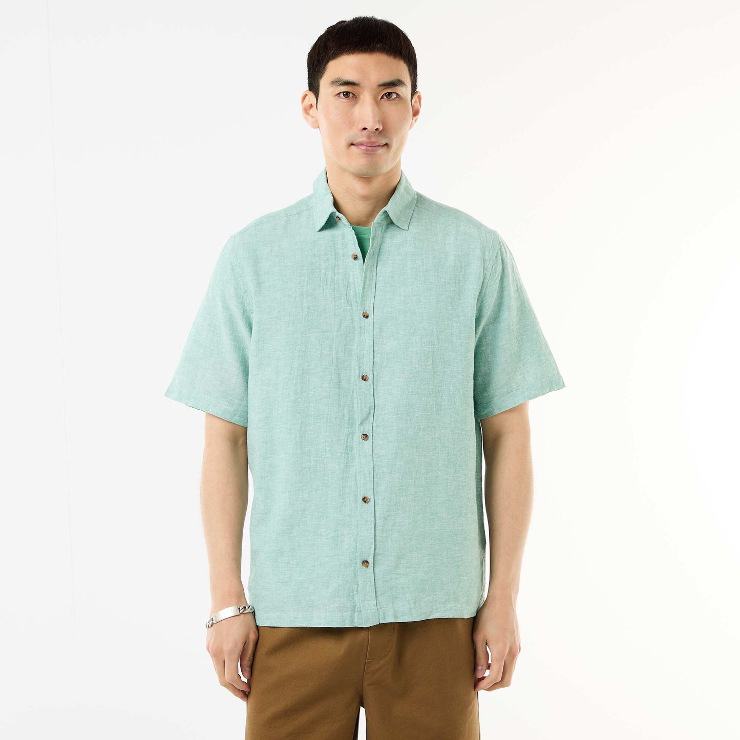 Short-Sleeved Linen-Blend Shirt GREEN