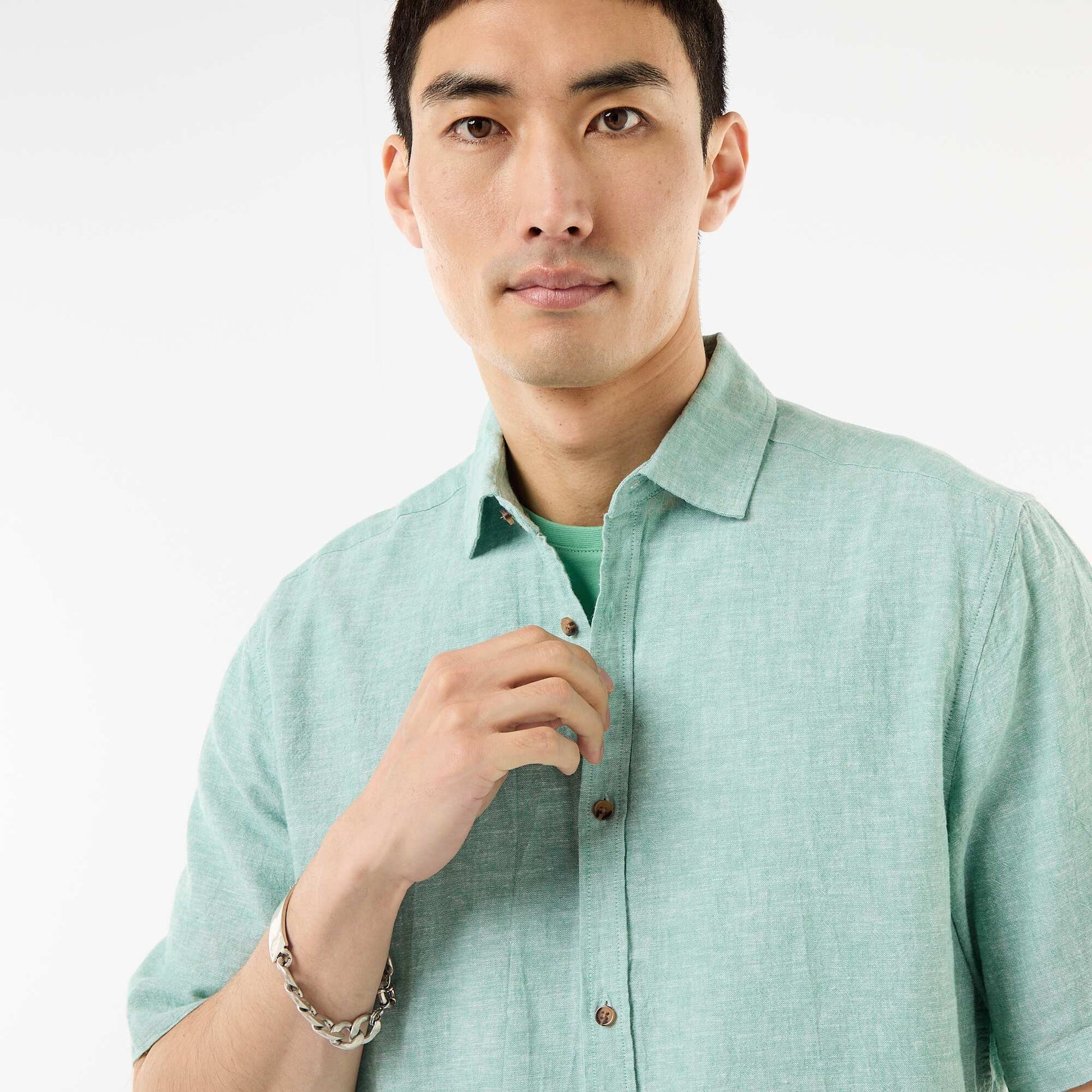 Short-Sleeved Linen-Blend Shirt GREEN