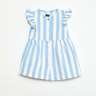 Striped Twill Dress with Short Sleeves BLUE