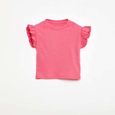 Ribbed T-shirt with Short Flutter Sleeves PINK