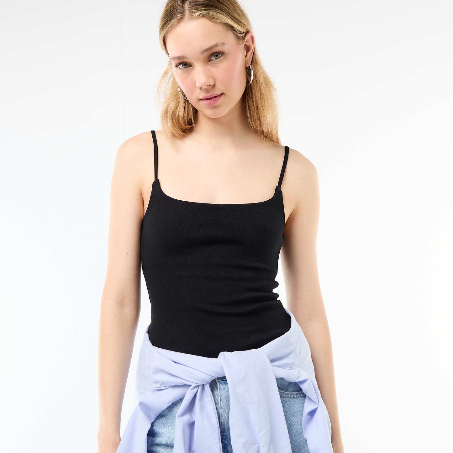 Ribbed Tank Top with Spaghetti Straps BLACK