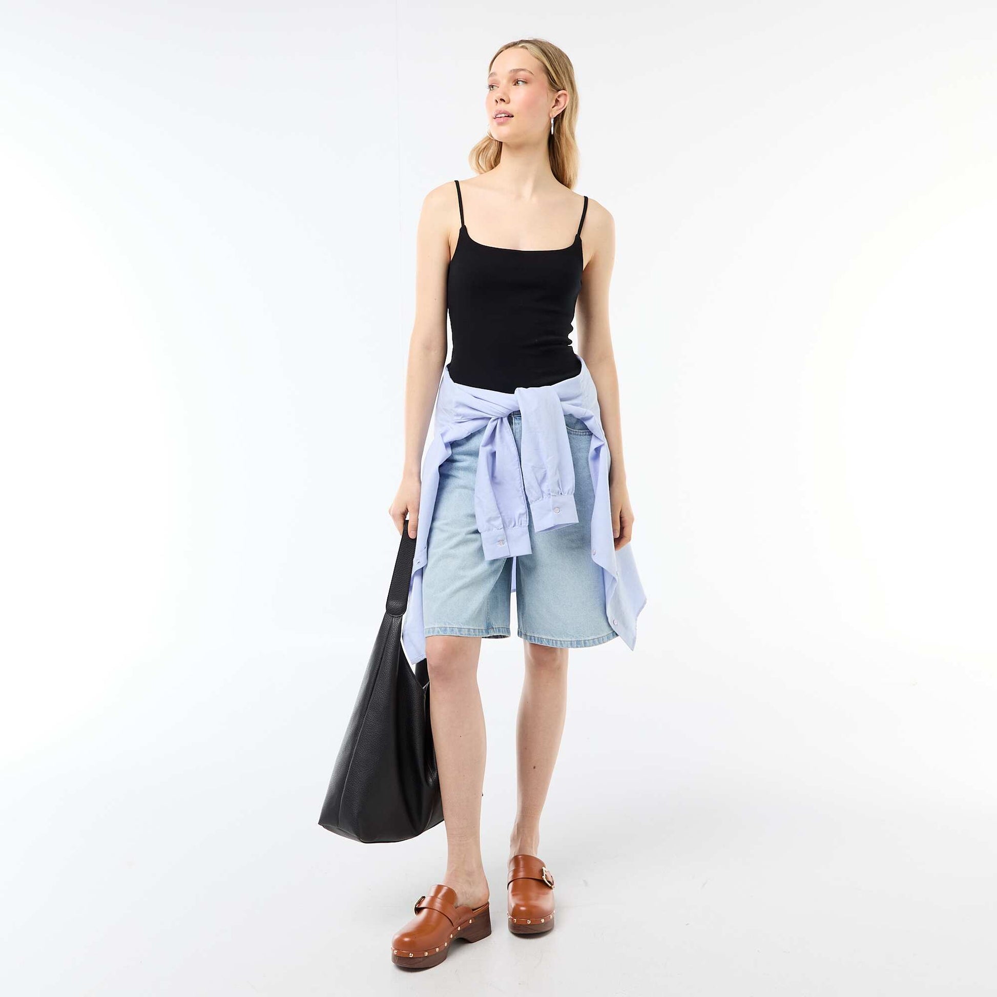 Ribbed Tank Top with Spaghetti Straps BLACK