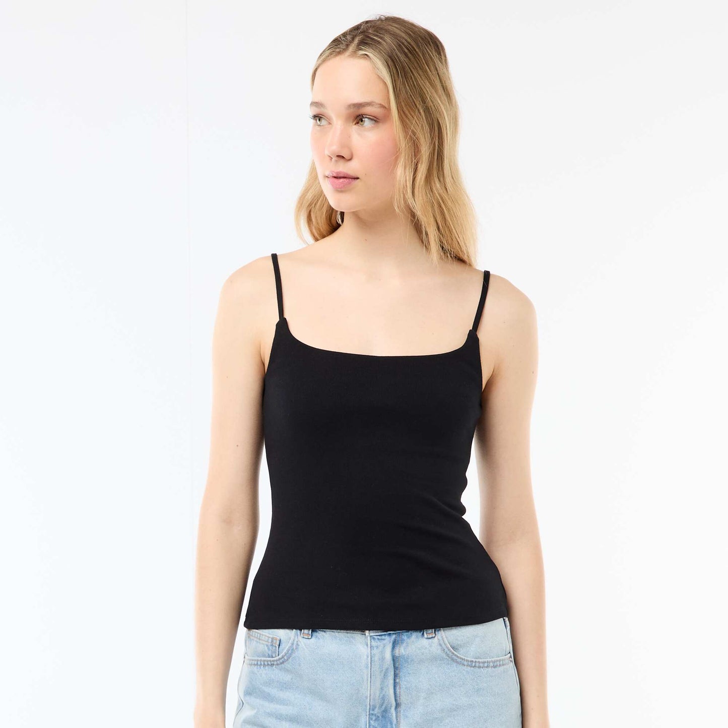 Ribbed Tank Top with Spaghetti Straps BLACK