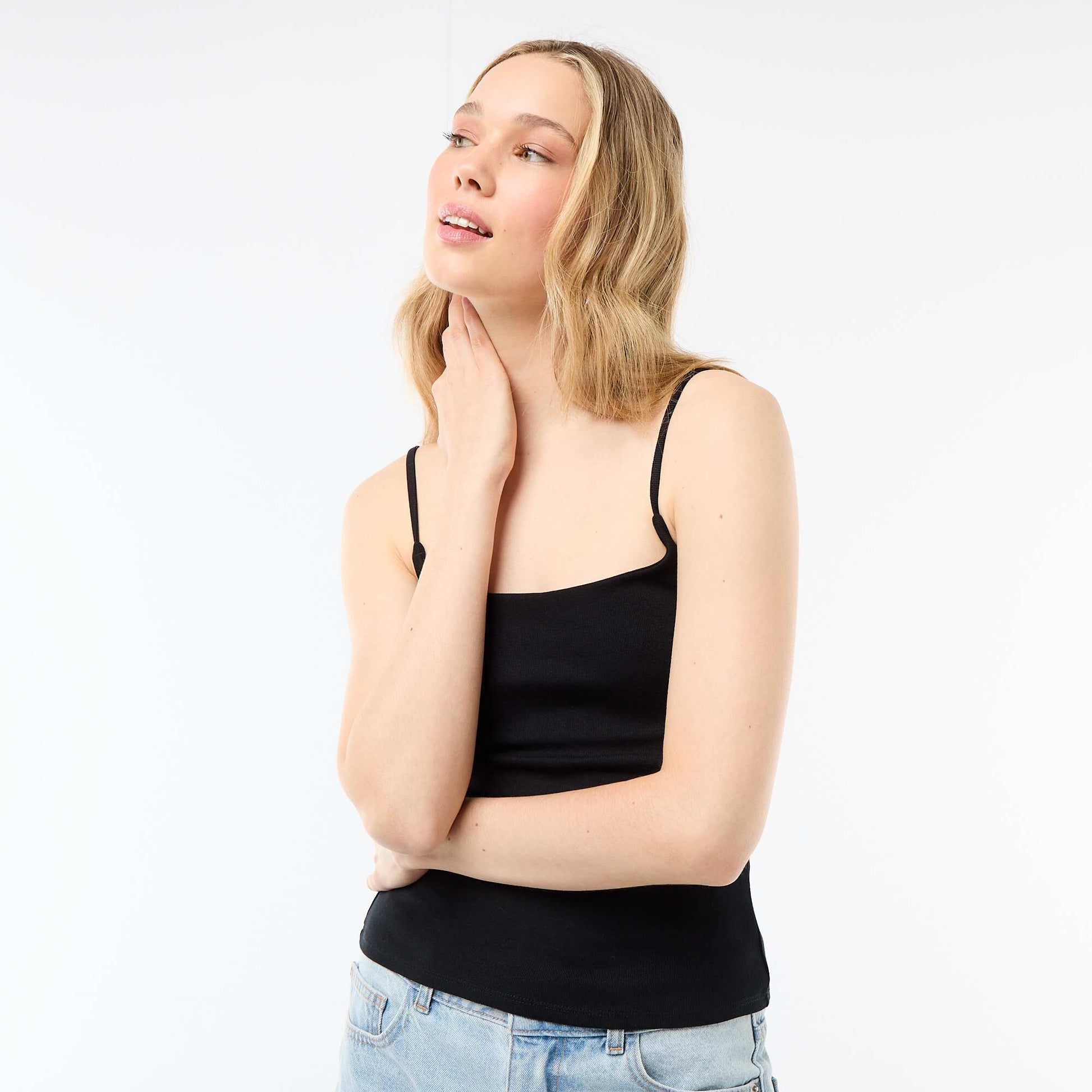 Ribbed Tank Top with Spaghetti Straps BLACK