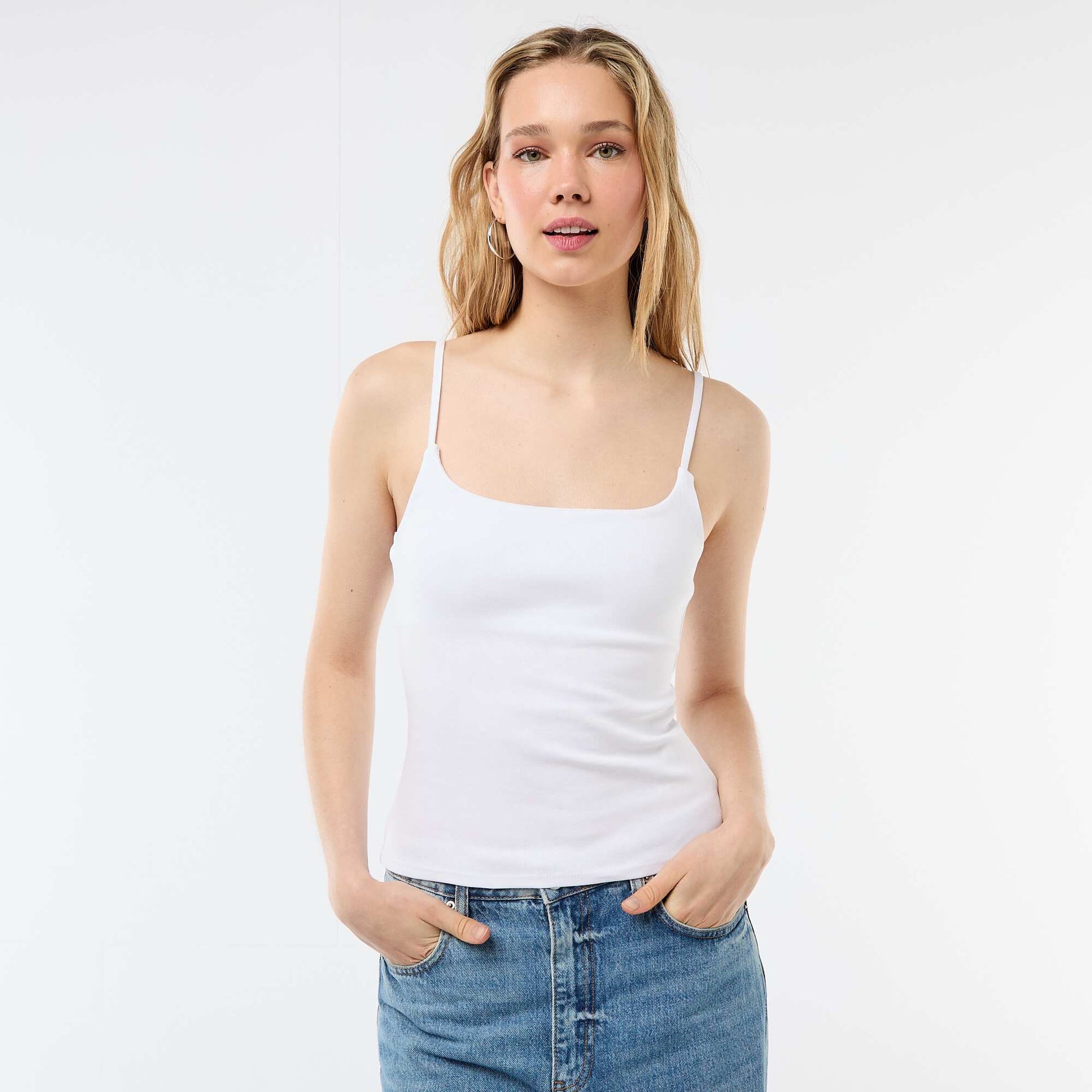 Ribbed Tank Top with Spaghetti Straps WHITE