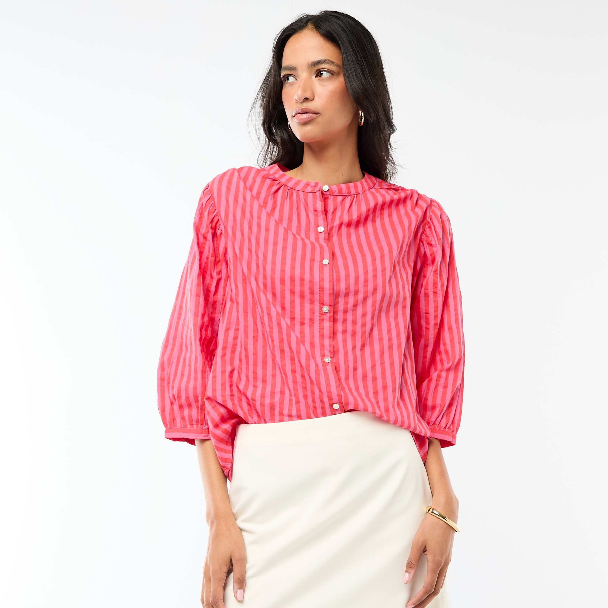 Mandarin Collar 3/4 Sleeve Shirt RED