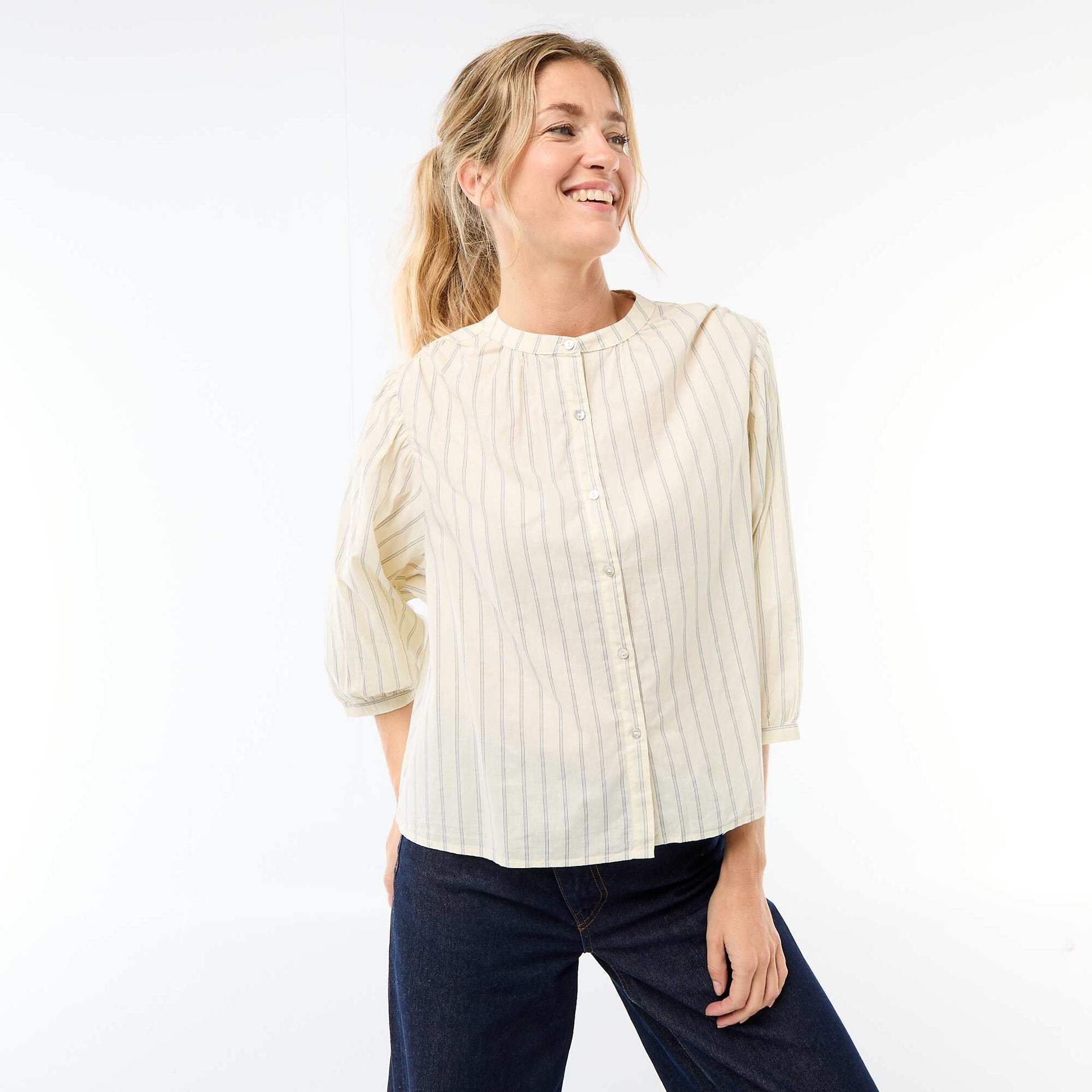 Mandarin Collar 3/4 Sleeve Shirt YELLOW