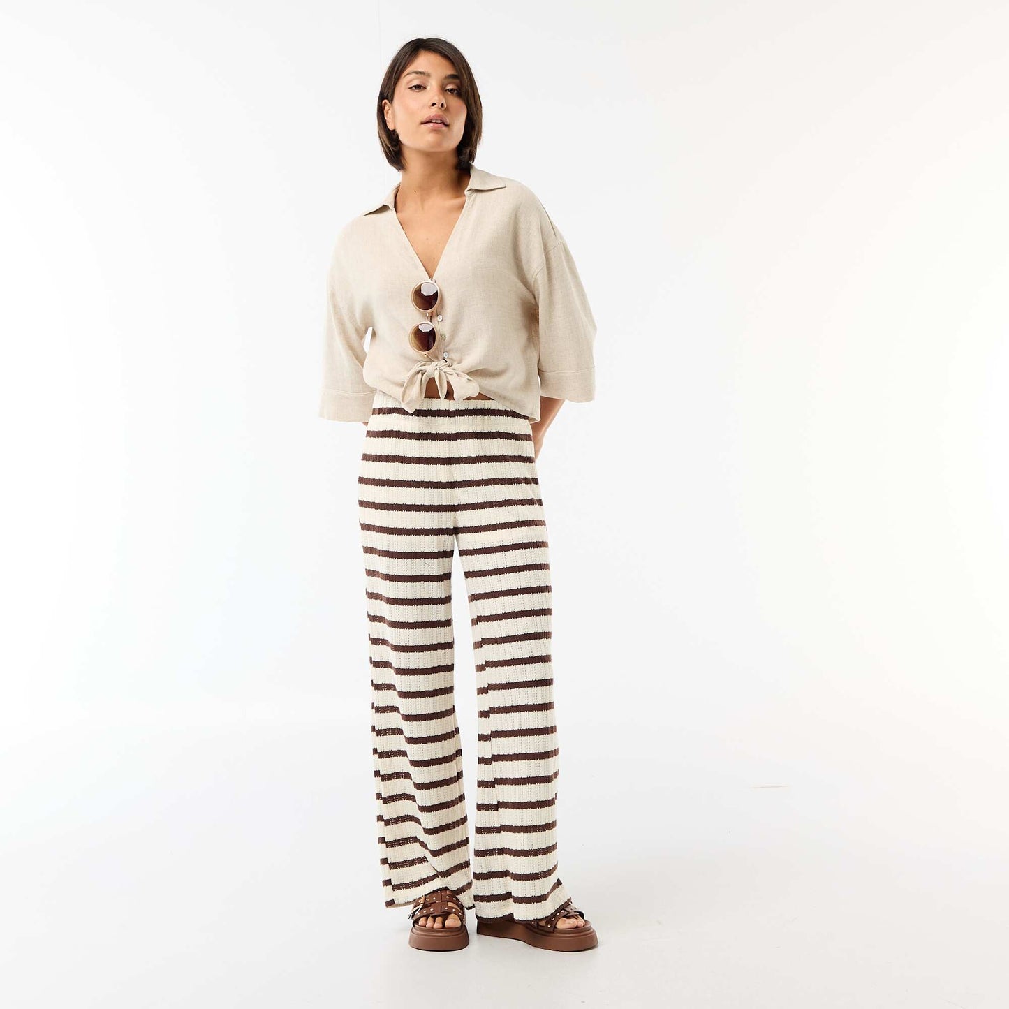 Oversized Cropped Tie-Front Shirt BEIGE