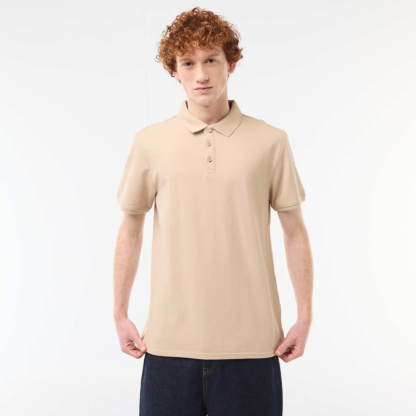 Plain Cotton Short-Sleeve Polo Shirt BEIGE