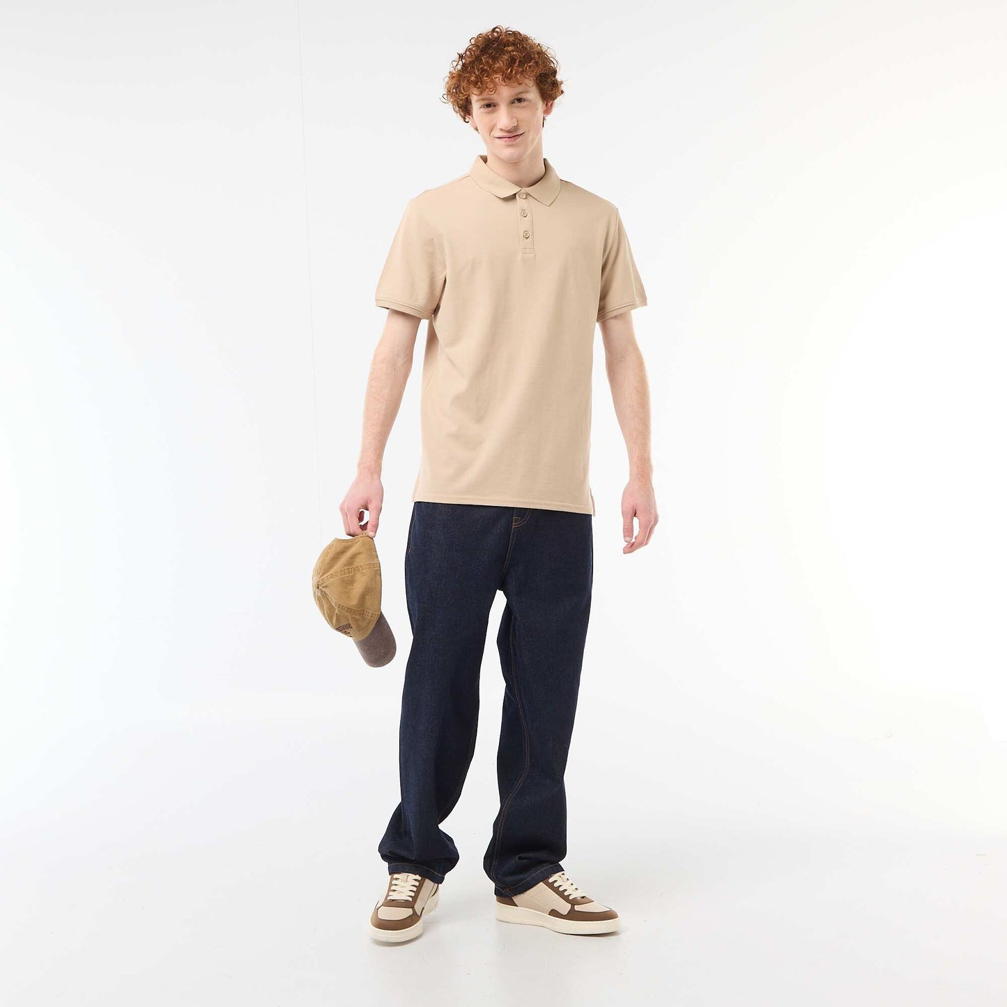 Plain Cotton Short-Sleeve Polo Shirt BEIGE