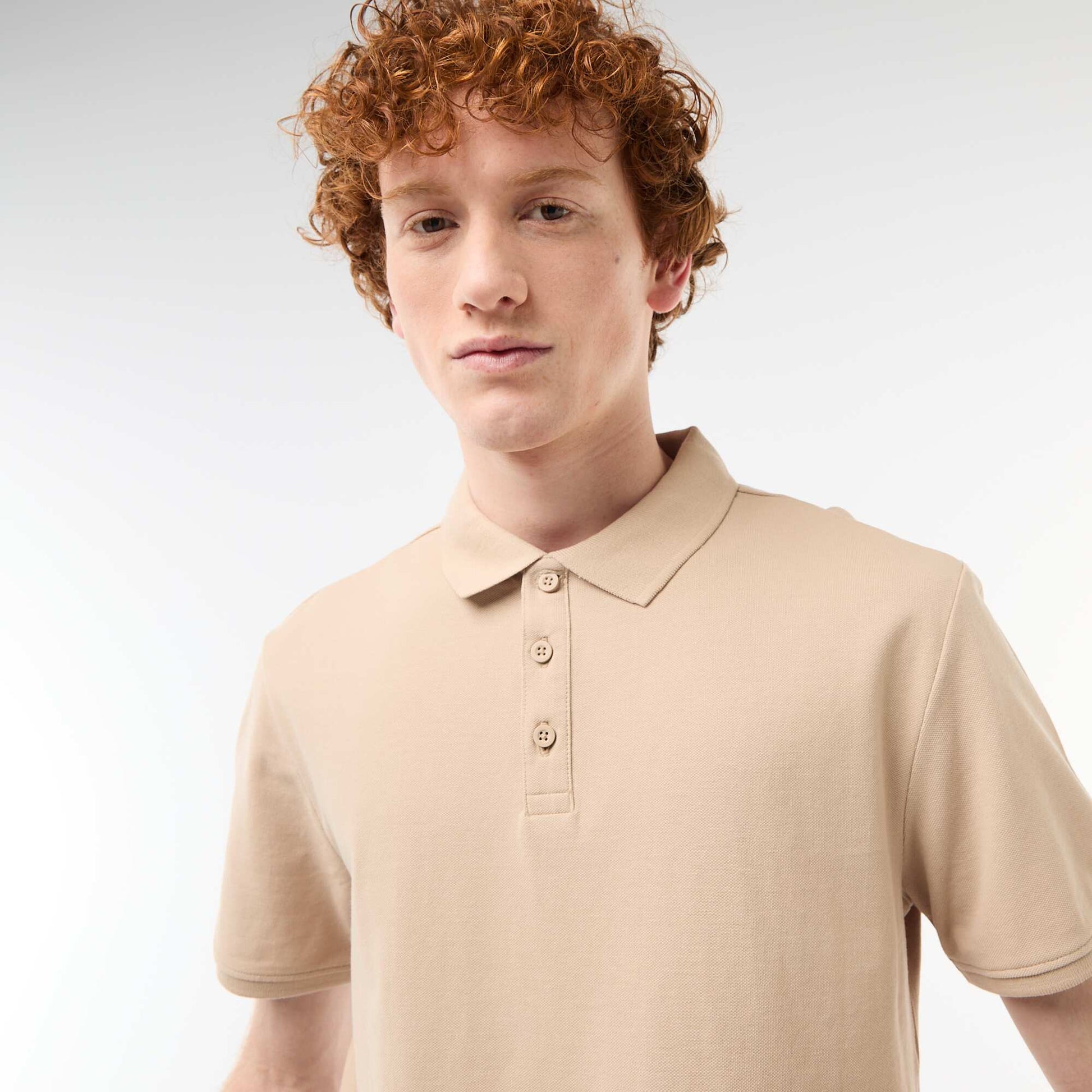 Plain Cotton Short-Sleeve Polo Shirt BEIGE