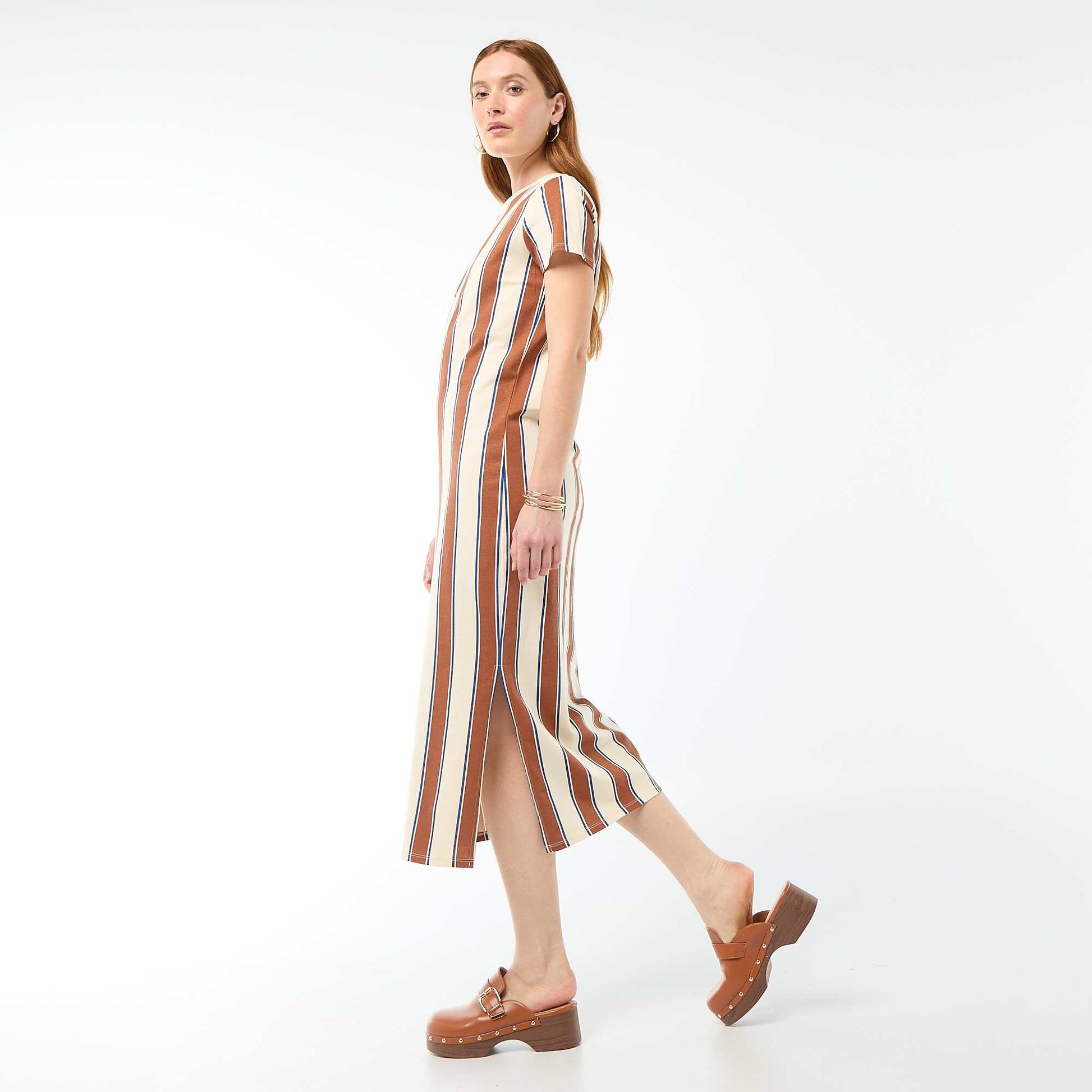 Long jersey dress with short sleeves BEIGE
