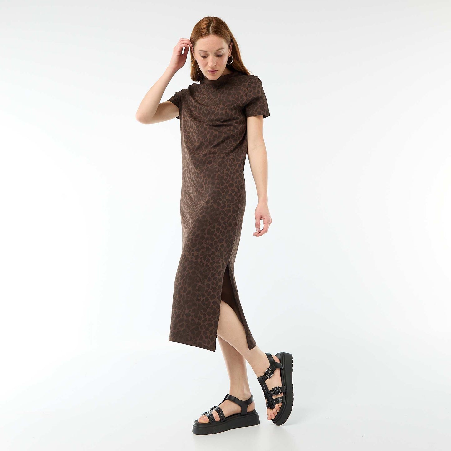 Long jersey dress with short sleeves BROWN