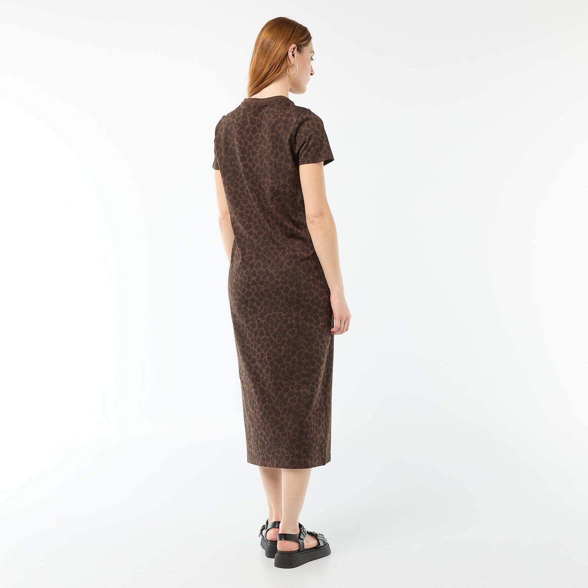 Long jersey dress with short sleeves BROWN
