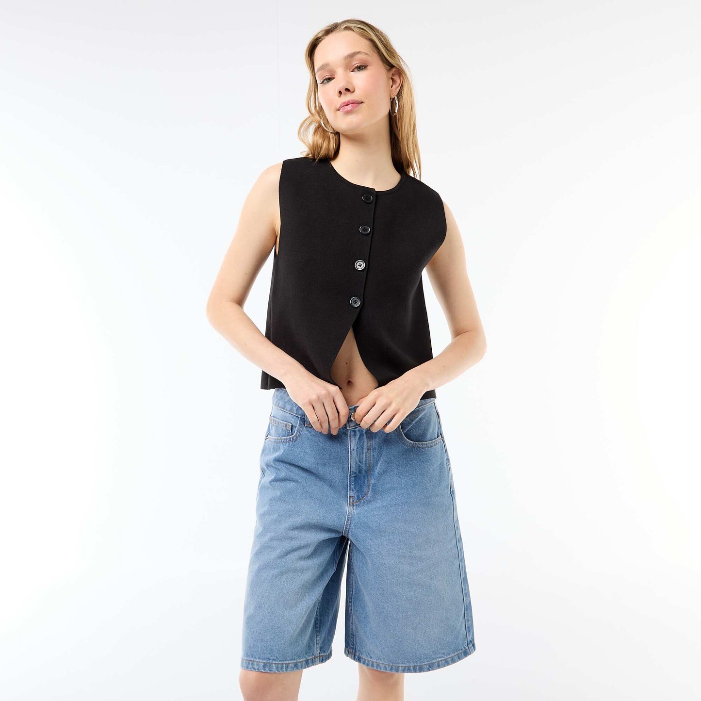 High-Waisted Denim Bermuda Shorts BLUE