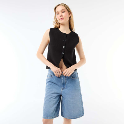High-Waisted Denim Bermuda Shorts BLUE