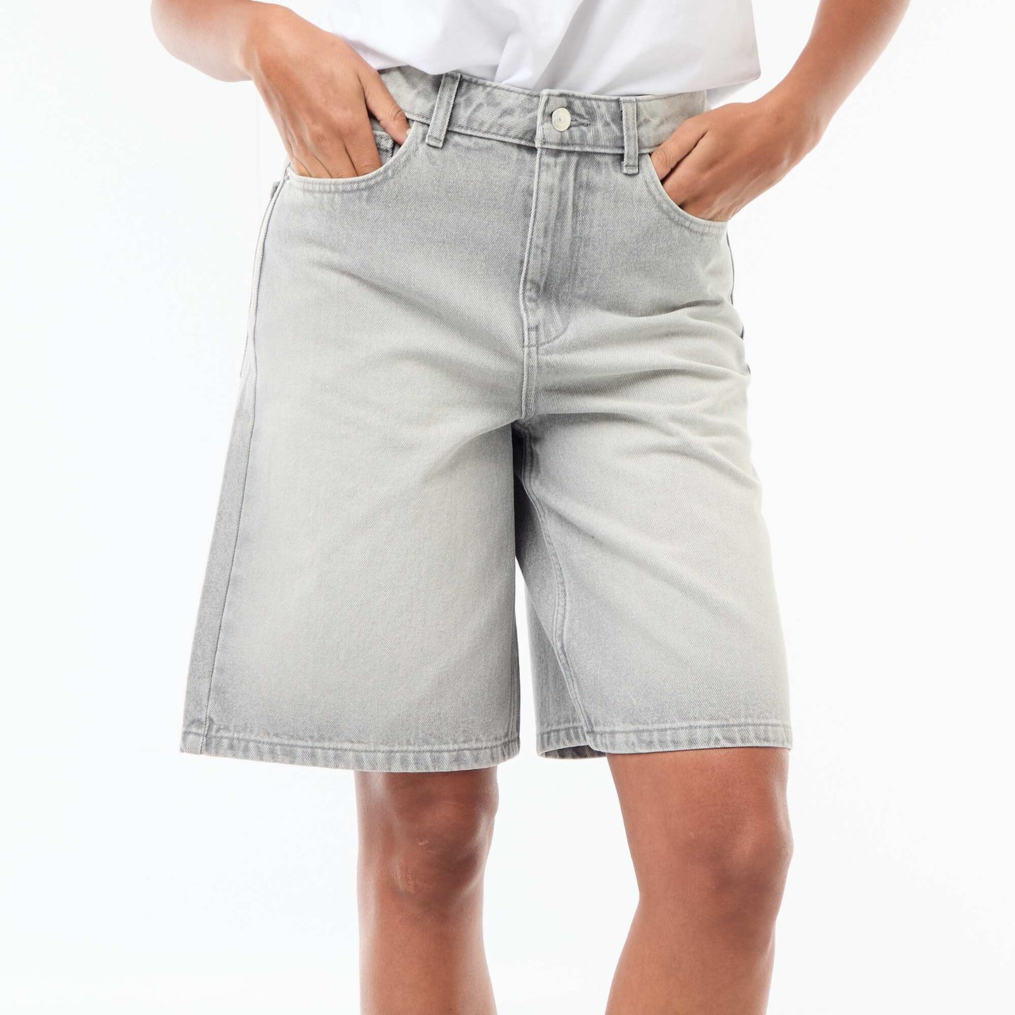 High-Waisted Denim Bermuda Shorts GREY