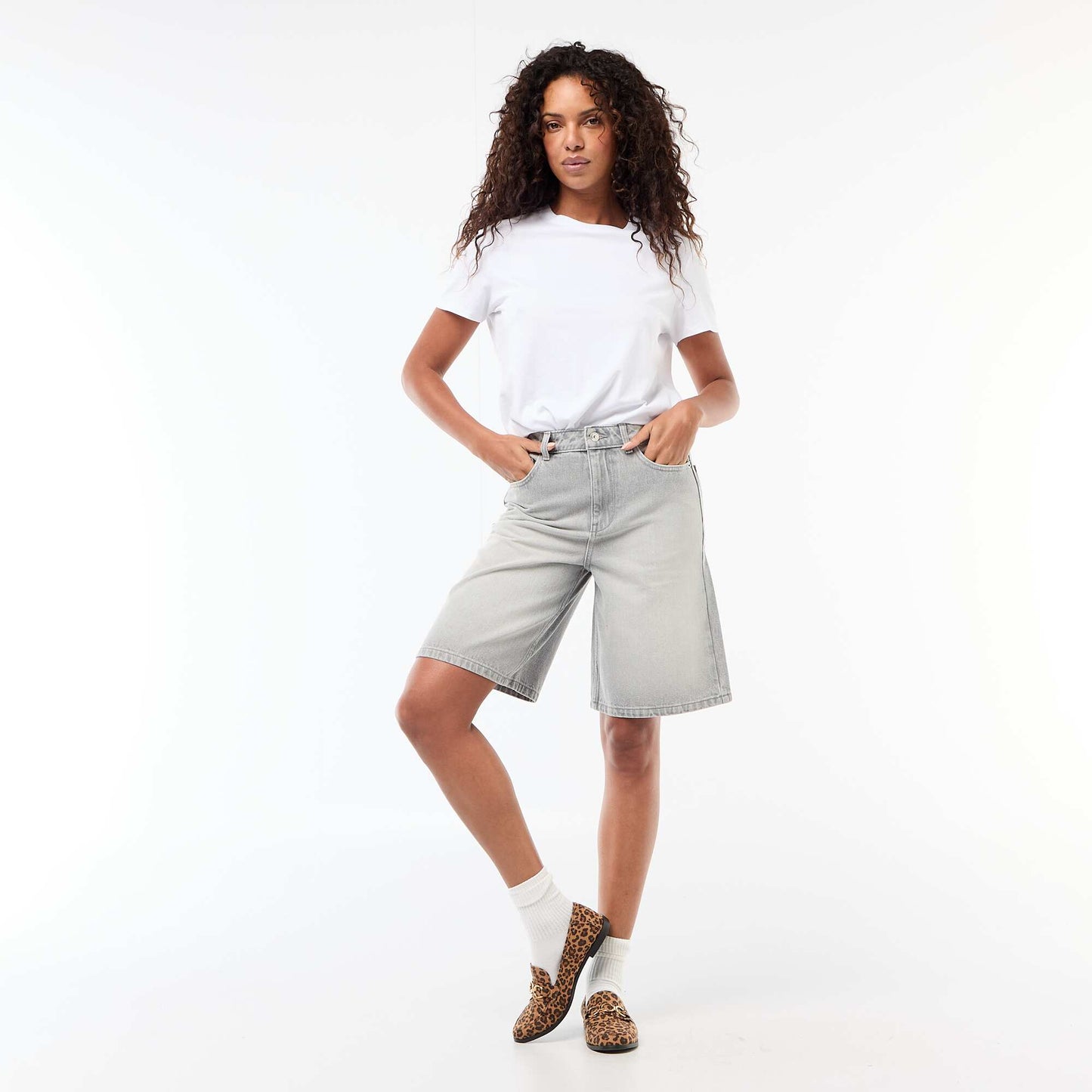 High-Waisted Denim Bermuda Shorts GREY