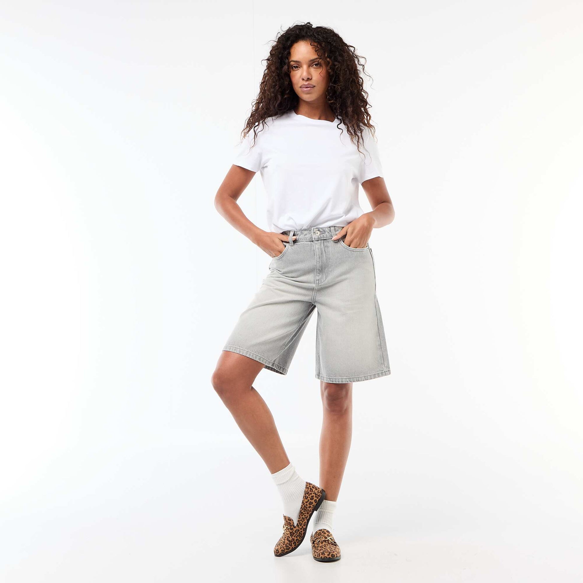 High-Waisted Denim Bermuda Shorts GREY