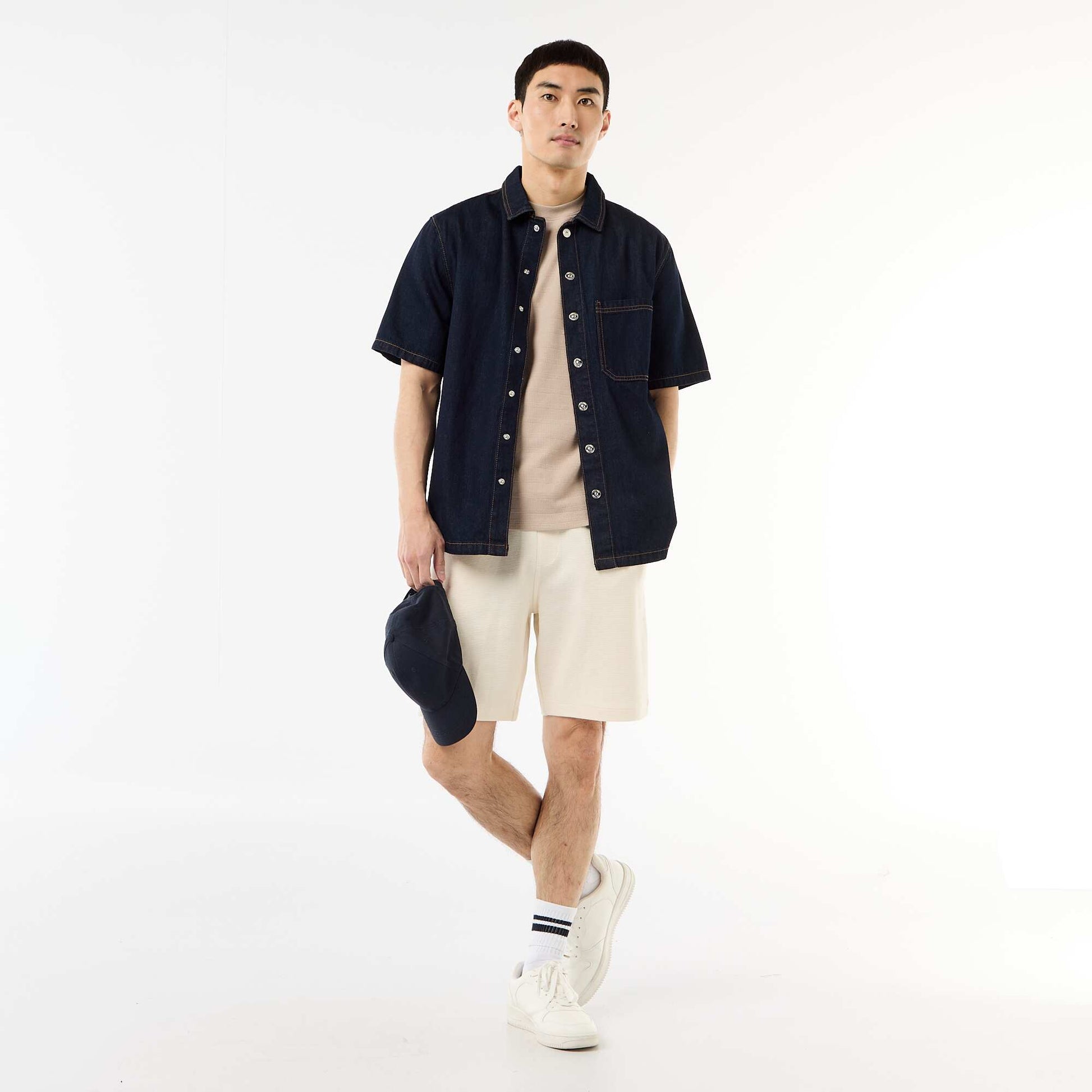 Honeycomb Knit Crew Neck Short Sleeve T-shirt BEIGE
