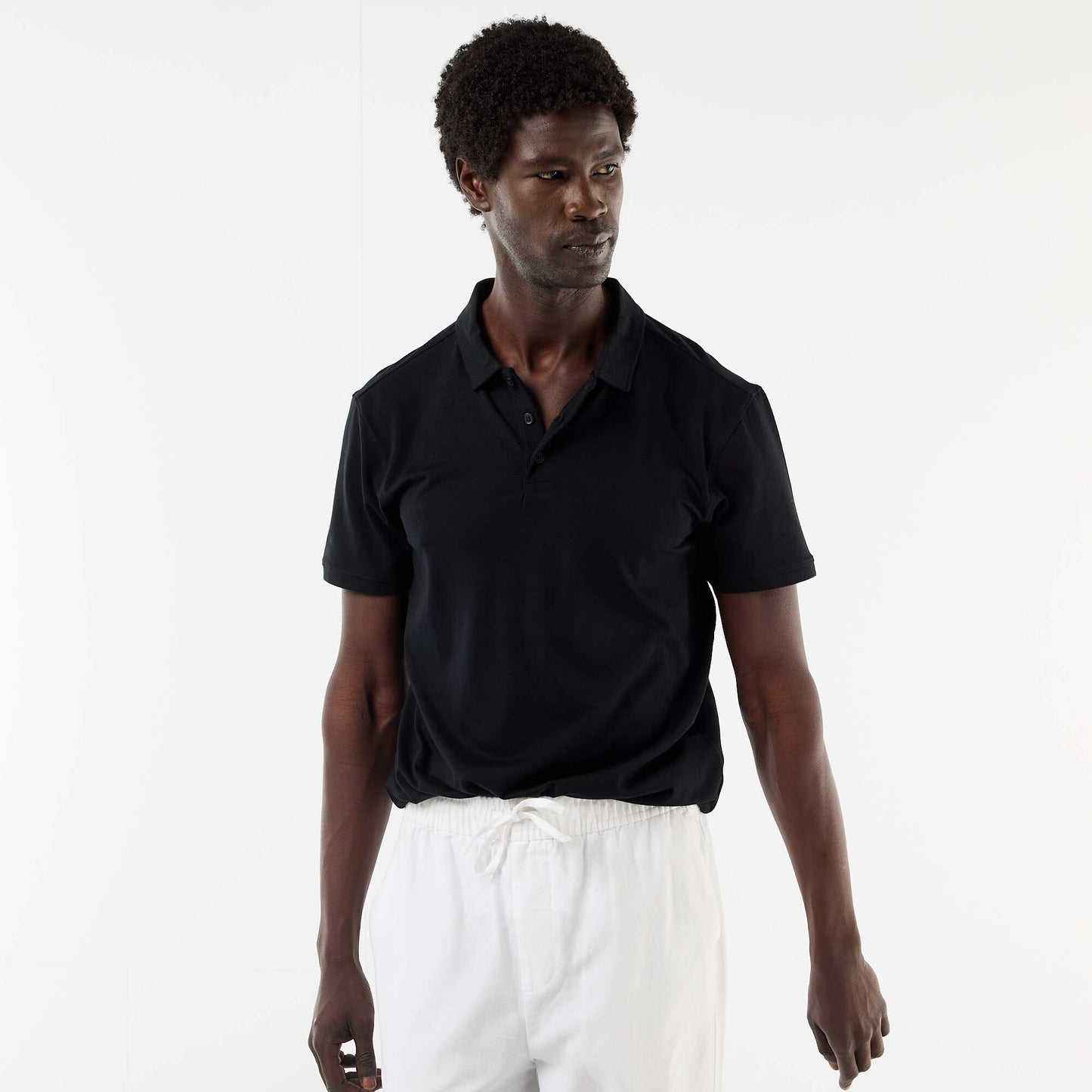 Jersey Polo Shirt with Buttoned Collar BLACK