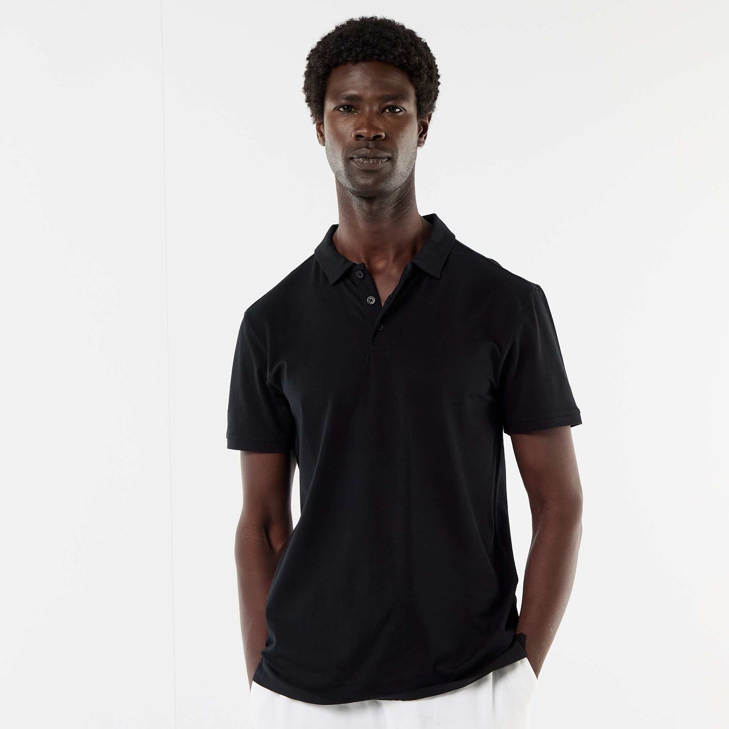 Jersey Polo Shirt with Buttoned Collar BLACK