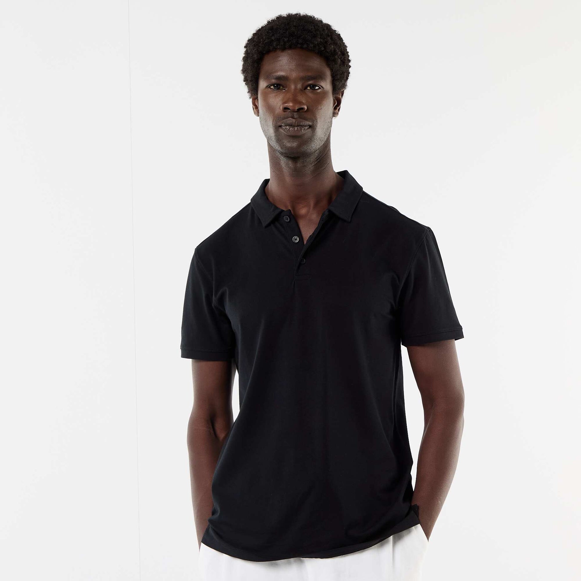 Jersey Polo Shirt with Buttoned Collar BLACK