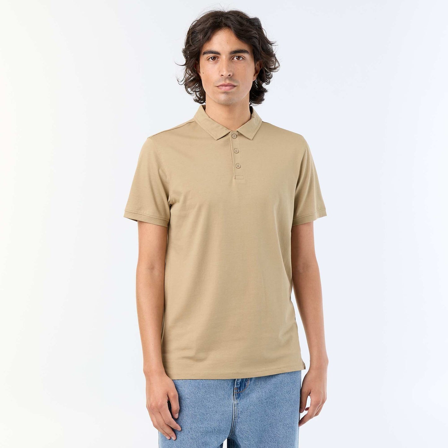 Jersey Polo Shirt with Buttoned Collar BEIGE