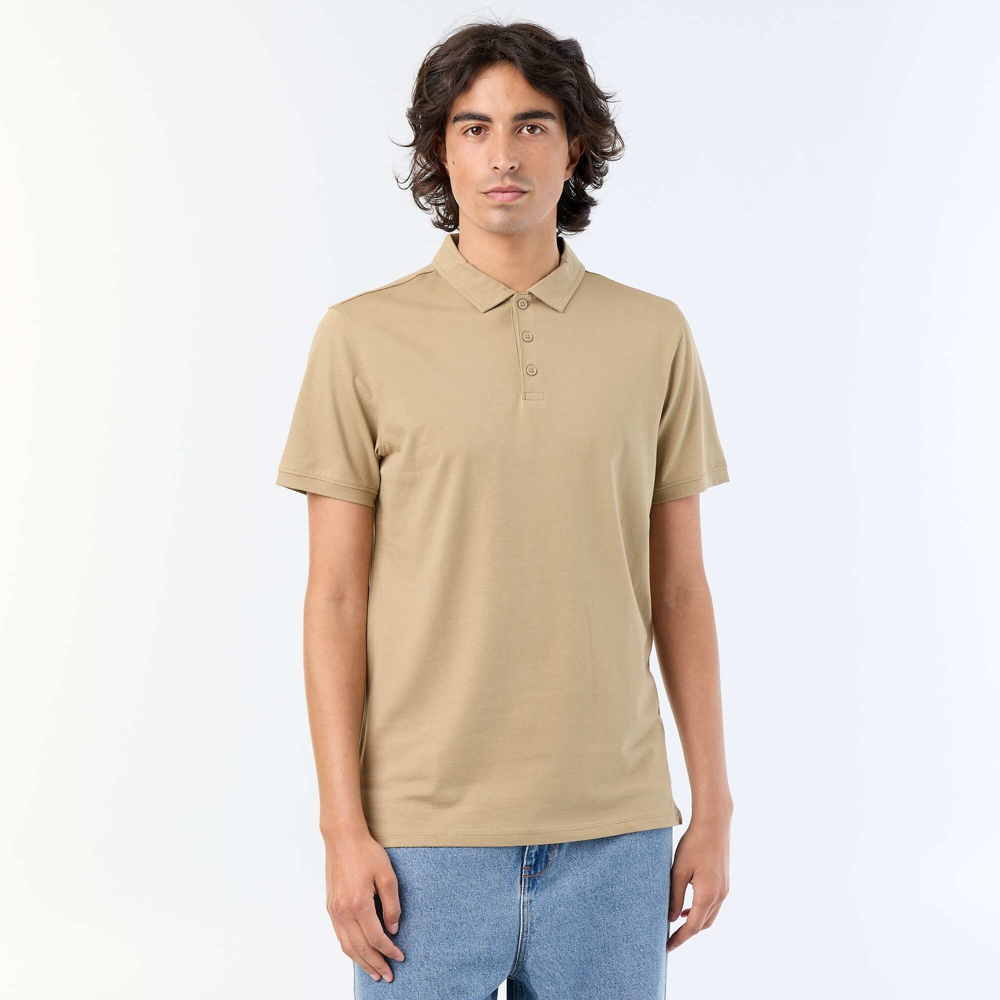 Jersey Polo Shirt with Buttoned Collar BEIGE