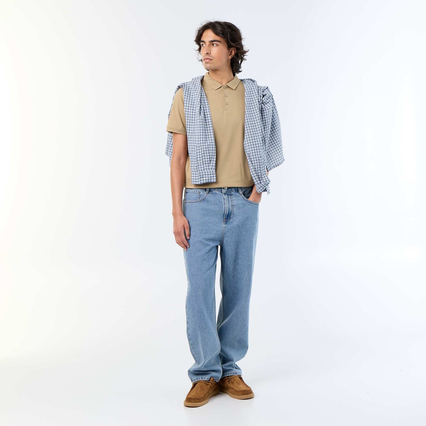 Jersey Polo Shirt with Buttoned Collar BEIGE