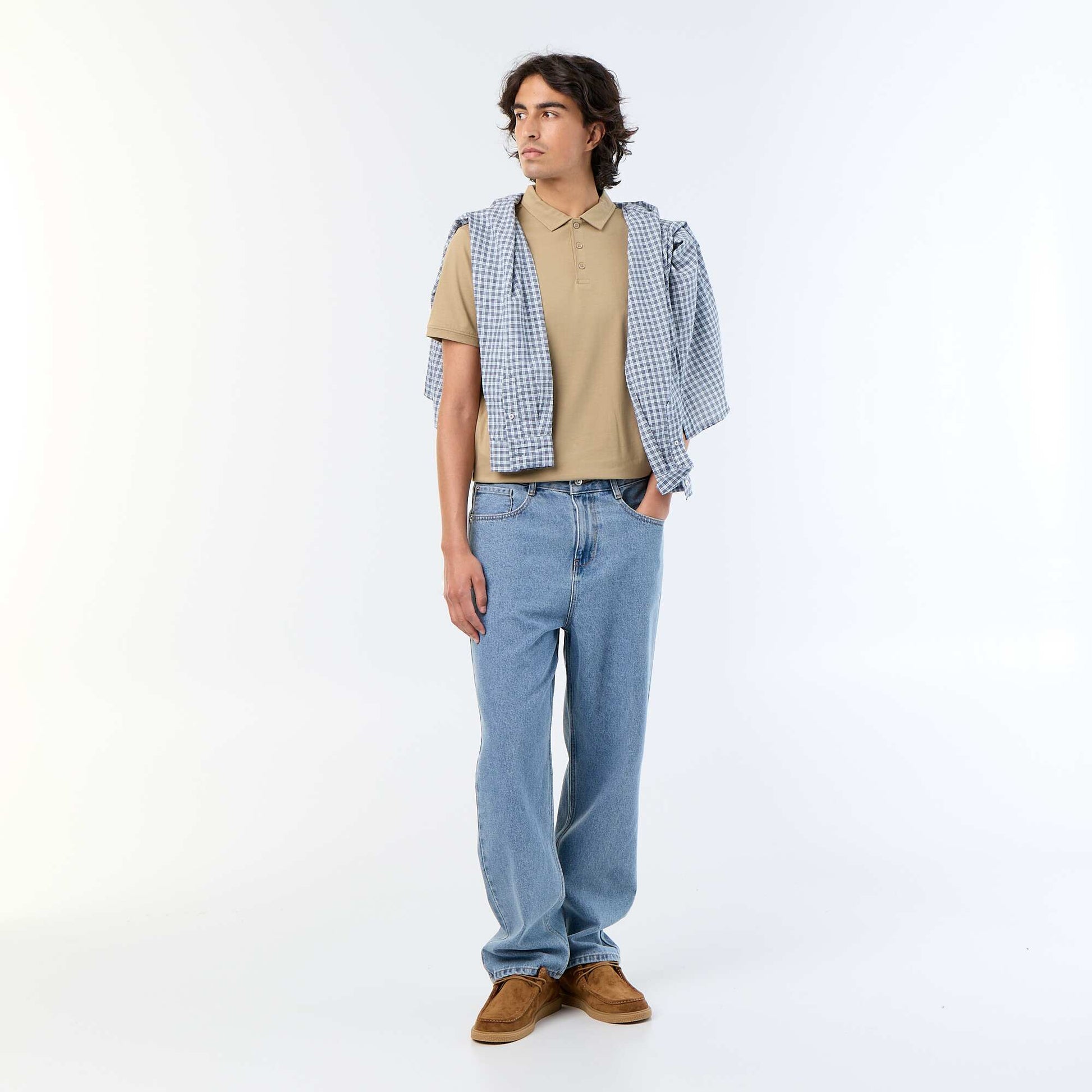 Jersey Polo Shirt with Buttoned Collar BEIGE