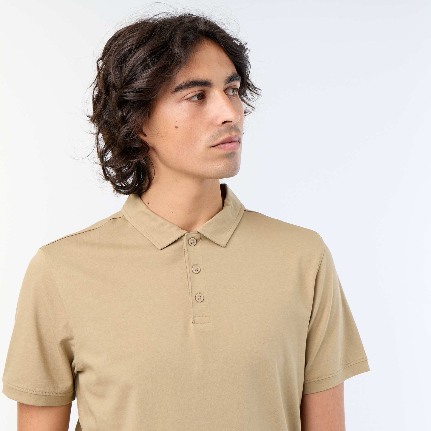 Jersey Polo Shirt with Buttoned Collar BEIGE