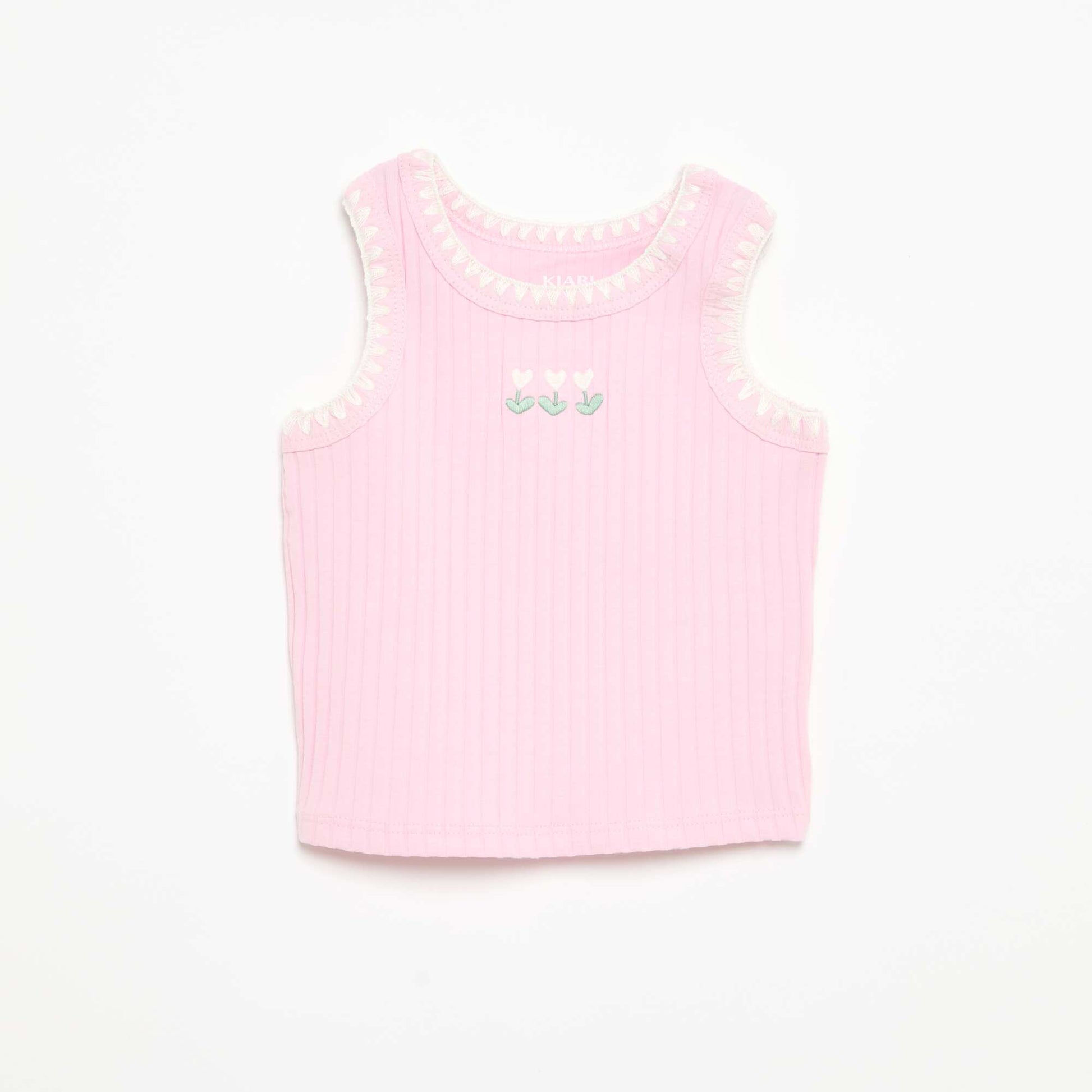 Ribbed Tank Top with Embroidered Armholes PINK