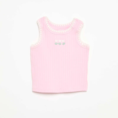 Ribbed Tank Top with Embroidered Armholes PINK
