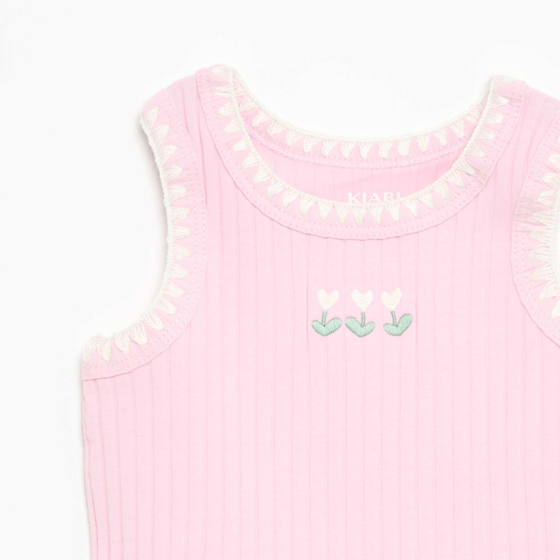 Ribbed Tank Top with Embroidered Armholes PINK