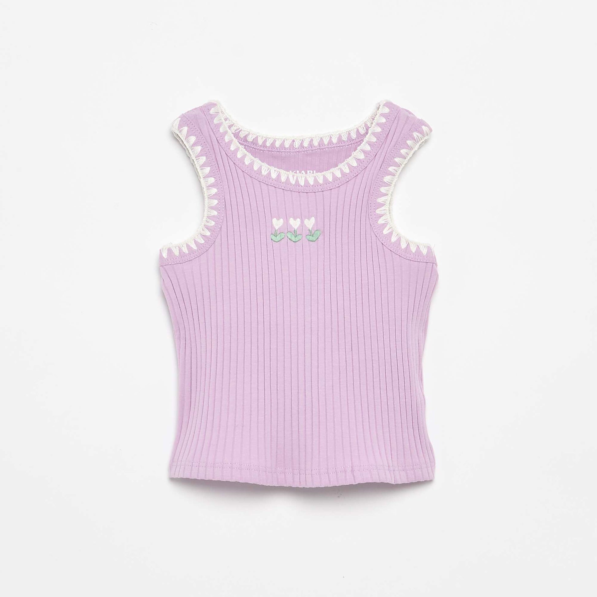 Ribbed Tank Top with Embroidered Armholes PURPLE