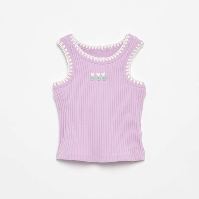 Ribbed Tank Top with Embroidered Armholes PURPLE