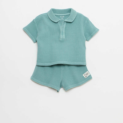 2-piece Waffle Knit Polo and Shorts Set BLUE