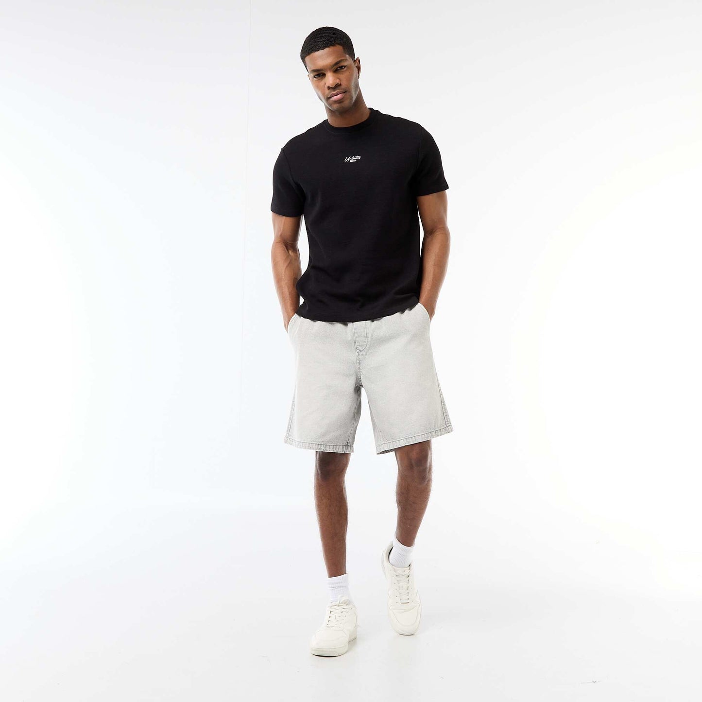 Elastic Waist Denim Bermuda Shorts GREY