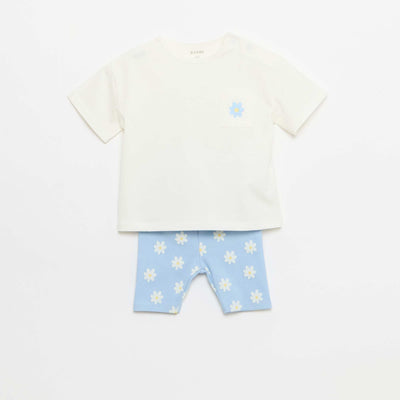 Ribbed T-shirt and Bike Shorts Set - 2-piece BLUE