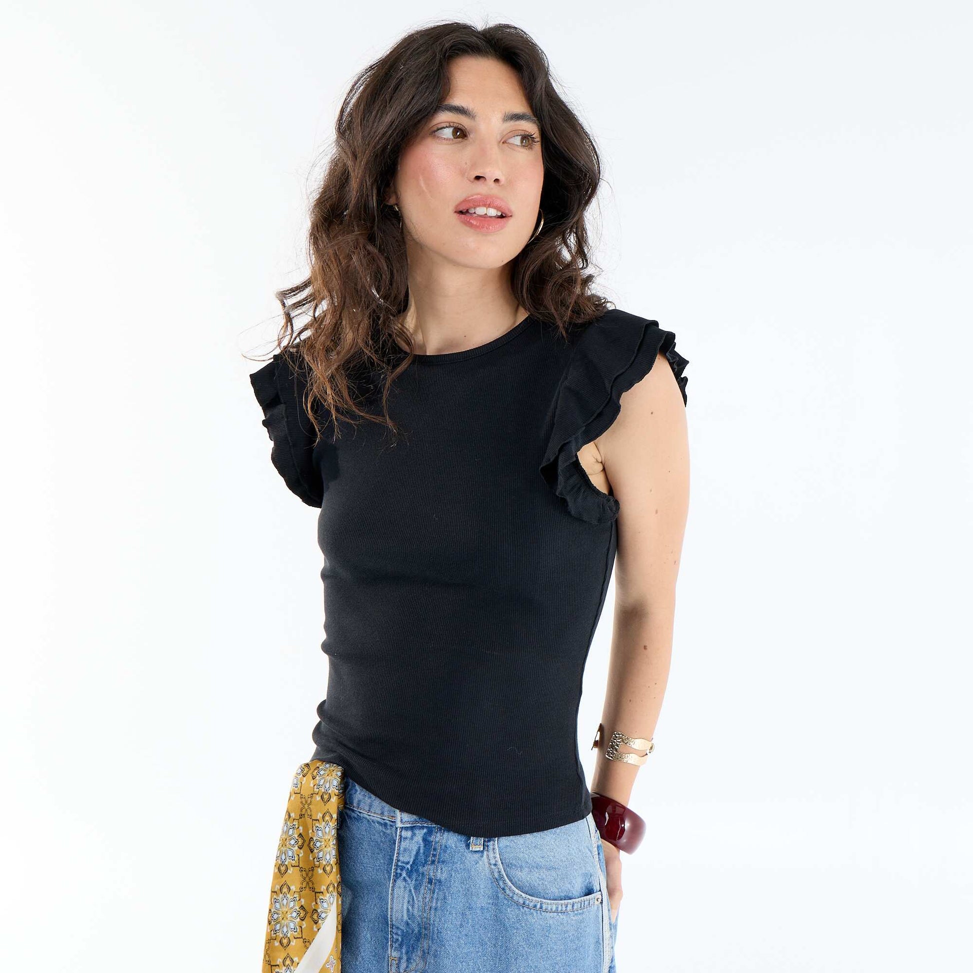 Ribbed Ruffle-Sleeve T-shirt BLACK