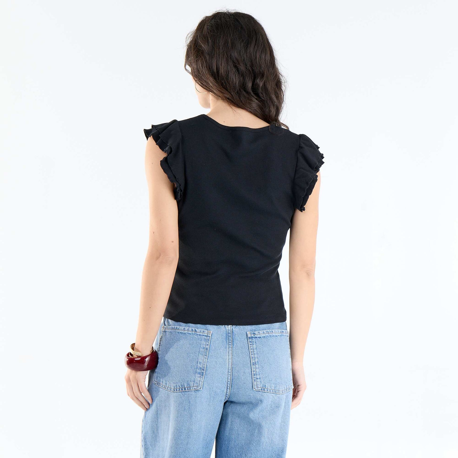 Ribbed Ruffle-Sleeve T-shirt BLACK