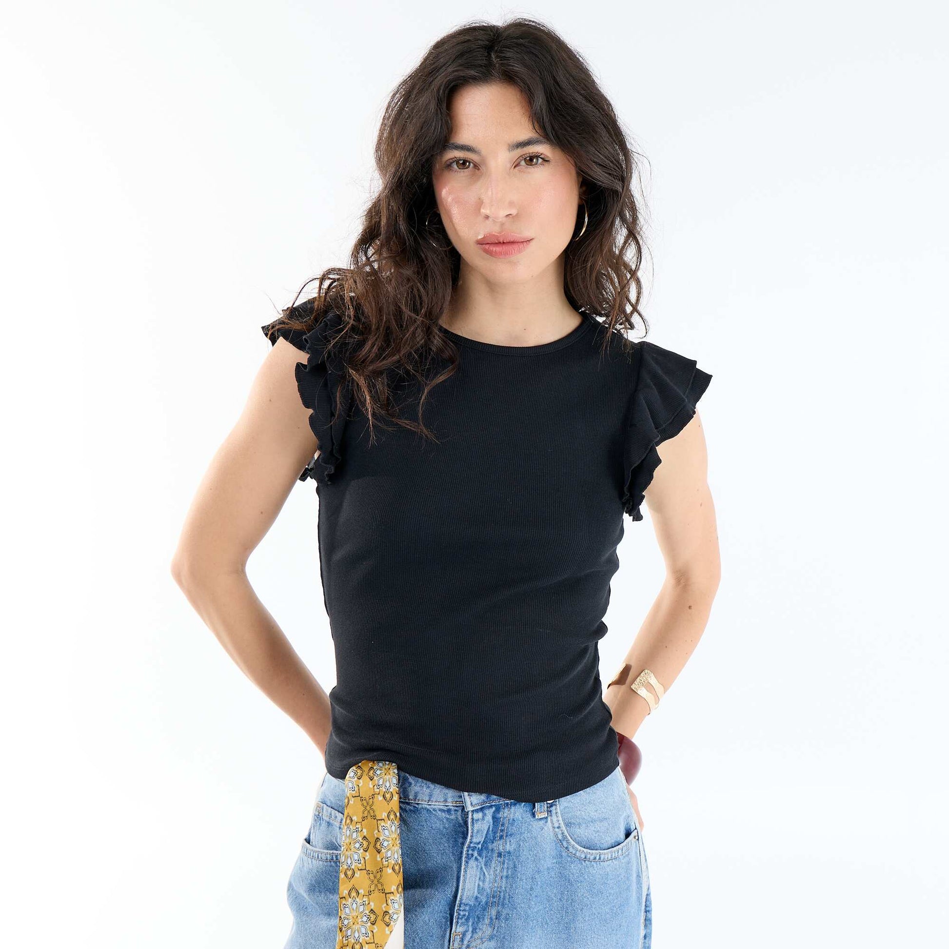 Ribbed Ruffle-Sleeve T-shirt BLACK