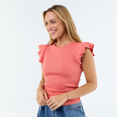 Ribbed Ruffle-Sleeve T-shirt ORANGE