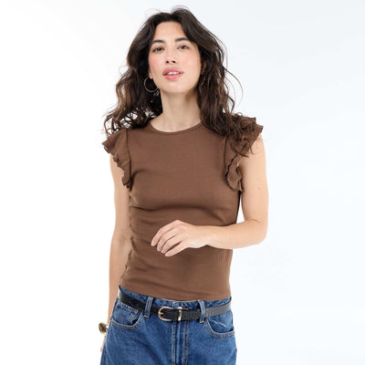 Ribbed Ruffle-Sleeve T-shirt BROWN